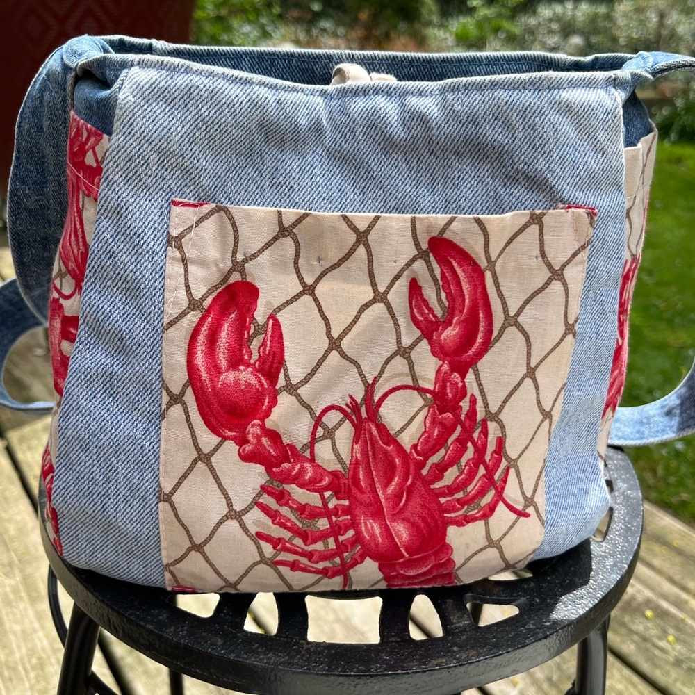 Hand Crafted Lobster Print and Denim Crossbody Bag